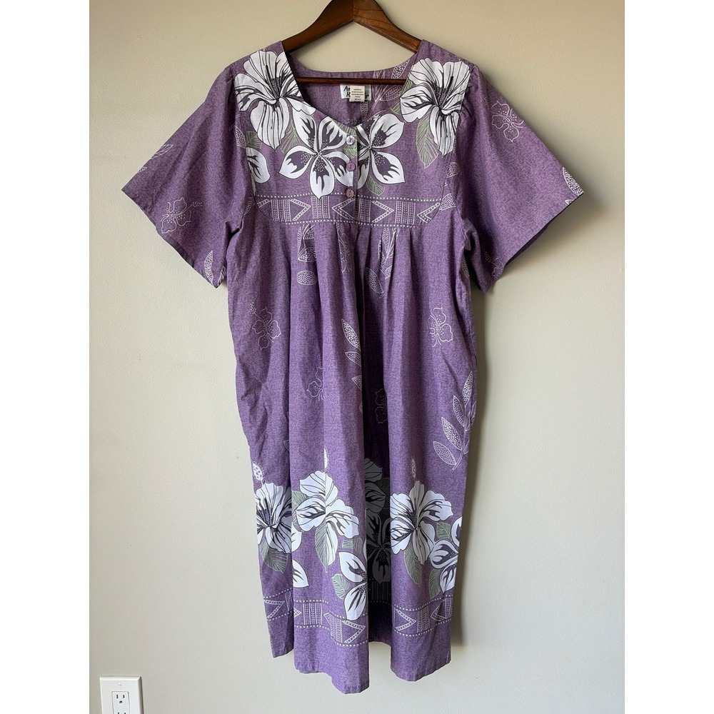 Anthony Richards Purple Hibiscus Floral Muumuu Lounger Dress Pockets Large